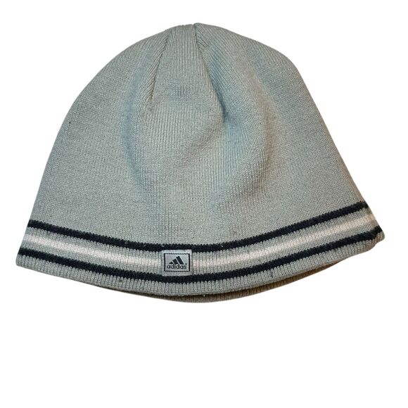 Adidas Performance Logo Beanie Knit Fleece Men's Hat/Cap Beige Tan Striped OSFM - Picture 2 of 3